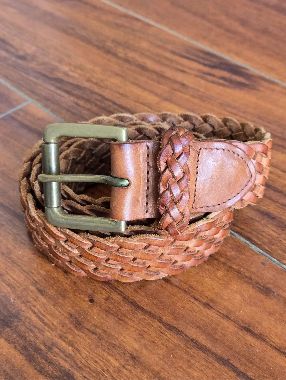 J. Crew Men's Woven Braided Leather Belt w/Brass Buckle - Chestnut Brown Size M